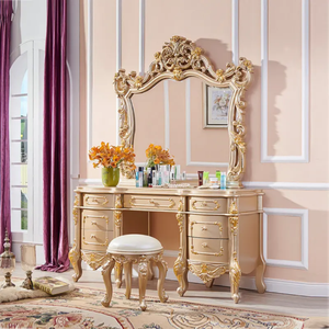 Elegant European Mahogany <b>Dressing</b> <b>Table</b> 7-Drawers with Mirror Gold Cream Carved Vanity Set Drawer Bedroom Furniture Luxury - Product Image 1