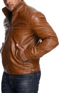 Men Brown PU Leather Moto <b>Biker</b> <b>Jacket</b> Zipper Front Stand Collar Regular Sleeve Solid Color Autumn Style OEM Service Knitted - Product Image 4