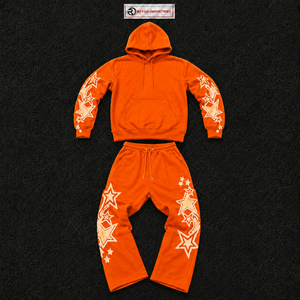 Ensemble de survêtement pour homme avec motif étoile orange, sweat à capuche et pantalon de jogging, streetwear, tenue décontractée oversize, styles urbains - Product Image 5