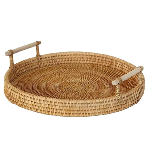 Round Rattan Woven Serving <b>Tray</b> with Handles Multifunction Food Dessert Snack Server for Kitchen Living Room - Product Image 1