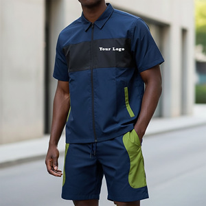 Ensemble de survêtement bleu marine pour homme, avec blocs de couleur, manches courtes, fermeture éclair, vêtements de sport à séchage rapide, tenue décontractée d'été pour l'entraînement - Product Image 1