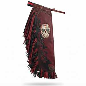 Chaps de Rodeo en Cuir Floral Faits Main avec Patch Crâne de Sucre – Rouge Bordeaux et Noir – Chaps de Cowboy pour l'Équitation à la Vache - Product Image 1
