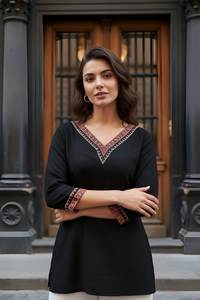 Tunique décontractée noire à col en V pour filles, en tissu rayonne imprimé, longueur normale, manches trois quarts, entièrement cousue, élégante, pour femmes - Product Image 3