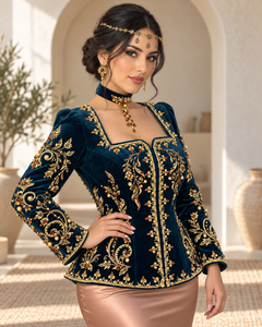 Deep Teal Velvet Elegant Moroccan Kaftan Pearl Details Copper Satin <b>Skirt</b> V Neck Flared Hem for Muslim Women Party Occasions - Product Image 6