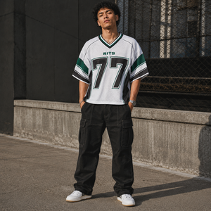 Camiseta de Fútbol Americano RITS Unisex Blanca de Malla con Cuello Mao, Manga Corta, Transpirable, Corte Regular, Número de Equipo 77 Sublimado - Product Image 1