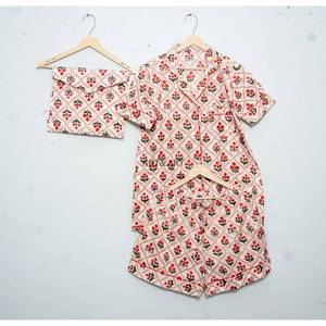 Women's High Quality Spring/Summer Floral Pattern Pajamas Set Short Sleeve Cotton Shirt <b>Pants</b> Comfortable Short Wear Front Logo - Product Image 5