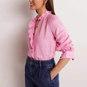 Blusas de Popelina de Algodón y Lino de Alta Calidad para Mujer, Tops de Otoño en Rosa con Cuello Alto y Volantes, Logotipo Personalizado, Tallas Grandes - Product Image 2