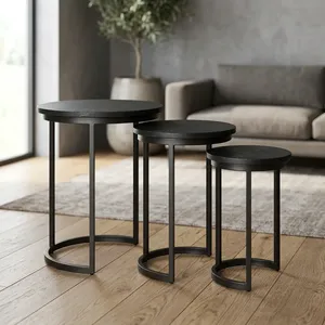 Modern Nested Wood <b>Side</b> <b>Tables</b> Minimalist Design Black Metal Frame Living Room Furniture Wooden iron Nesting <b>set</b> - Product Image 2
