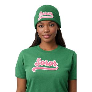 <b>Green</b> Soror Beanie <b>Hat</b> Greek Sorority Womens Pink & <b>Green</b> College Sisterhood Winter Knit Stylish Casual Apparel - Product Image 1