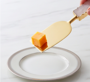 Juego de cuchillos para queso dorados, 4 piezas, mango de piedra rosa, tabla para queso, espátula, tenedor, herramientas para servir, para uso doméstico - Product Image 4