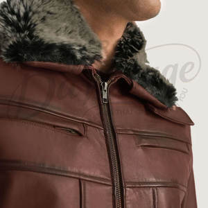 Chaqueta de Cuero Marrón para Hombre con Cuello de Piel Sintética Gris, Abrigo Acolchado Cálido para Invierno, Estilo Casual de Negocios, Corte Ajustado - Product Image 4
