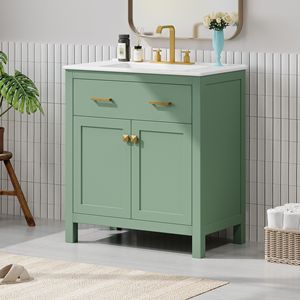 Mobile Bagno Moderno Verde da 30 Pollici con Armadietto Singolo e Lavabo in Ceramica, 2 Ante con Chiusura Ammortizzata e Ripiano - Product Image 3