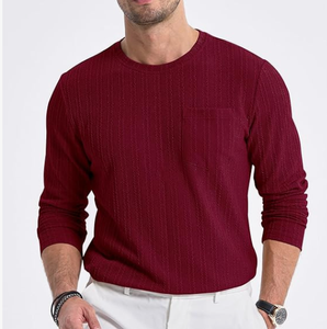 <b>Men</b> <b>Red</b> Long Sleeve Knitted Casual <b>Shirt</b> Solid Color V-Neck Full Sleeve Autumn Wear Cotton Fabric tMen Long Sleeve Casual - Product Image 3