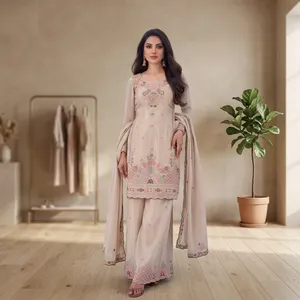 Ensemble palazzo brodé en nylon premium, crème, charmant, multicolore, avec dupatta faite main, Aarika Textile, pour femmes, toutes saisons - Product Image 1