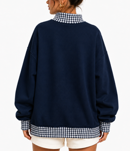 Sweat-shirt surdimensionné à col rond pour femme THETE, bleu marine, à carreaux, avec appliqué lettres, en coton tricoté, pull décontracté d'automne - Product Image 6