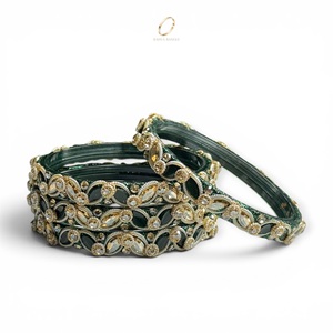 Indian <b>Crystal</b> Green Stone Premium Kashmiri Glass Bangles for Women Wedding & Festival Wear at Wholesale Price - Product Image 2