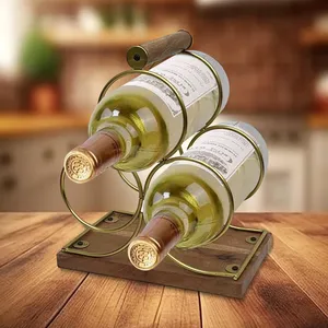 Support à vin en métal doré et base en bois, pour comptoir, 2 bouteilles, pour bar à domicile - Product Image 1