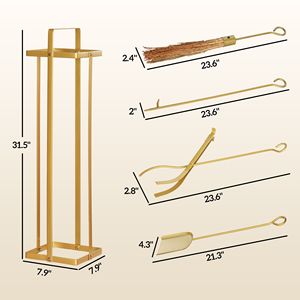 Set Moderno di 5 Utensili per Caminetto in Acciaio da 32 Pollici con Spazzola, Scopa, Paletta, Pinze e Supporto per Caminetti a Legna - Product Image 3
