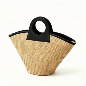 Customized Natural straw ring handle tote <b>bag</b>, black faux‑leather contrast trim woven handbag, fan‑shaped straw <b>basket</b> shopper - Product Image 6
