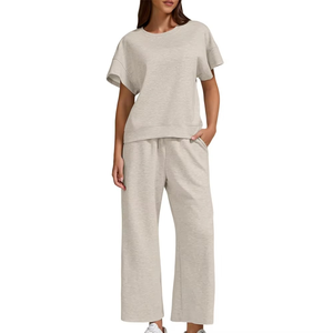 Conjunto Deportivo Casual para Mujer, Manga Corta, Cuello Redondo, Corte Holgado, Pantalones hasta el Tobillo, Color Sólido, Cintura Elástica, 100% Algodón, Ropa de Primavera - Product Image 5