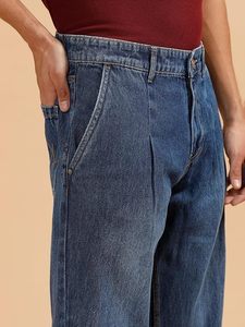 Jean en denim pour homme 100 % coton, écologique, taille mi-haute, coupe ample, jambe large, délavé moyen, uni, décontracté, toutes saisons - Product Image 4
