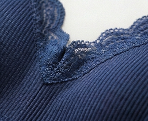 Ensemble soutien-gorge sans armatures et culotte hipster bleu marine pour femme avec bordure en dentelle, sous-vêtements en spandex tricoté sans couture taille mi-haute - Product Image 6