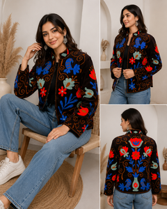 Artisan Brown <b>Velvet</b> <b>Jacket</b> Women Hand Embroidery Bomber Long Sleeve Stand Collar Cotton Lining Winter Coat Boutique Gift - Product Image 6