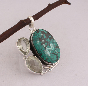 Pendentif en turquoise tibétaine naturelle serti de pierres, en argent sterling 925, vente en gros, pierre précieuse authentique en turquoise matricielle, 18 pouces - Product Image 4