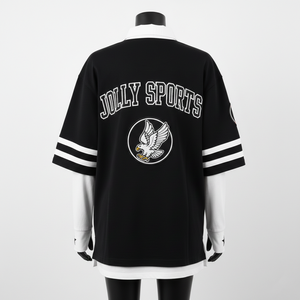 Maillot de rugby pour femme en coton et polyester de qualité supérieure, double couche, manches noires, empiècements rayés, logo brodé, maillot de rugby pour femme en coton - Product Image 2