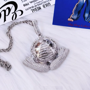 hip hop jewellery moissanite iced out <b>globe</b> pyramid pendant with hands luxury <b>world</b> symbol bling silver tone design - Product Image 4