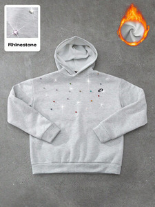 เสื้อฮู้ดผู้ชายประดับเพชรเทียมแบบกระจายตัว ทรงโอเวอร์ไซส์ ผ้าฟลีซกันหนาว สตรีทแวร์ ดีไซน์มินิมอล ไหล่ตก มีเชือกผูกและกระเป๋า - Product Image 4