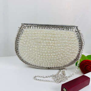 Handmade Modern Women's <b>White</b> Pearl Beaded Clutch <b>Bag</b> Elegant <b>Evening</b> Purse Polished Gold-Plated Metal Frame Weddings Parties - Product Image 6