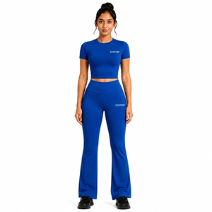 ODM Custom Women <b>Royal</b> <b>Blue</b> Yoga Set Crew Neck Short Sleeve Crop Top T Shirt High Waist Flare <b>Leggings</b> Activewear Workout Suits - Product Image 1