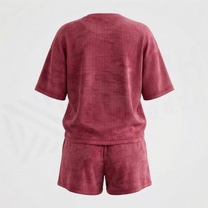 Conjunto de 2 Piezas para Mujer, Shorts de Algodón Acordonado, Cuello Redondo, Manga Corta, Color Sólido, Corte Holgado, Casual, por Encima de la Rodilla, Ropa de Verano - Product Image 2