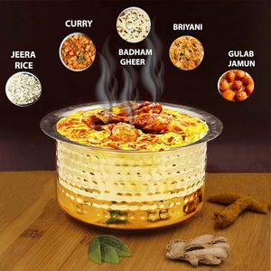 Marmite de cuisson en laiton martelé Vadi Chatti avec revêtement poli, Patila Tapeli moderne en laiton, empilable, écologique et durable pour la cuisine - Product Image 4