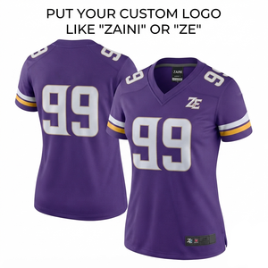 Camiseta de Fútbol Americano para Mujer, 220 GSM, Poliéster Premium Interlock, Panel de Hombro Morado, Blanco y Dorado, Sublimación Personalizada - Product Image 1