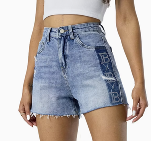Custom Side Rhinestone Short Pants Raw Hem Frayed Denim Shorts Women - Product Image 2