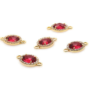 Conector de Colgante Ovalado de Turmalina Rosa al por Mayor 7x5mm con Engaste de Oro y Circonitas Pavé de Doble Aro para Fabricación de Pulseras y Collares - Product Image 3