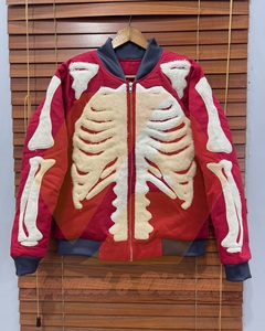 Custom Woolen Winter Stand Skeleton Applique Zip Bomber Jacket Unisex Streetwear Fleece Varsity <b>Coat</b> Red <b>Black</b> Vintage Design - Product Image 3