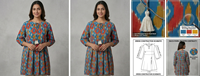 Vestido Formal Largo hasta el Suelo para Mujer, Estampado Ikat, Corte en A, Mangas Largas, Cuello Redondo, Hecho a Mano, Obra Maestra, Algodón de la Mejor Calidad, Mini
