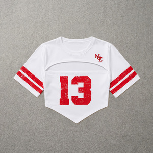 Maillot de football blanc découpé pour femme, numéro 13 et rayures, haut à manches courtes col rond, printemps-été, logo personnalisé - Product Image 3