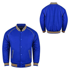 Men's Blue Varsity Jacket With Yellow Trim Regular Fit Casual Baseball Style Bomber <b>Coat</b> Solid Color Polyester Material - Product Image 3