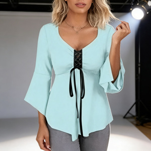 เสื้อกล้ามทรงวีคอแต่งลูกไม้ แขนบาน ทรงเอ สำหรับผู้หญิง ลดราคาพิเศษ  ชายเสื้อไม่สมมาตร เป็นมิตรต่อสิ่งแวดล้อม เหมาะสำหรับใส่ในฤดูใบไม้ผลิ/ฤดูใบไม้ร่วง ใส่ได้ทุกวัน - Product Image 1