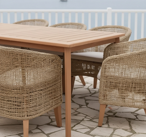 ชุดโต๊ะรับประทานอาหารกลางแจ้งไม้สักแท้ ทนทานต่อสภาพอากาศ เป็นมิตรกับสิ่งแวดล้อม พร้อมเก้าอี้หวายสังเคราะห์ ดีไซน์ทันสมัย เหมาะสำหรับสวน ลานบ้าน โรงแรม - Product Image 3