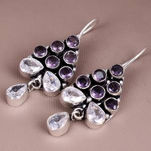 Pendientes Colgantes Étnicos Tribales Bohemios con Flores de Plata Oxidada |   Pendientes Colgantes con Cristales de Amatista |   Bohemio Vintage Indio - Product Image 3