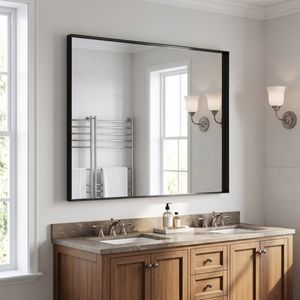 Specchio da Bagno Rettangolare Nero 40x48 Pollici con Cornice Profonda Montato a Parete - Product Image 1