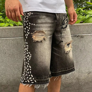 Shorts en jean pour hommes avec strass, prix de gros, meilleurs shorts en jean avec strass pour hommes, motif squelette avec logo frontal, nouveaux designs élégants - Product Image 3