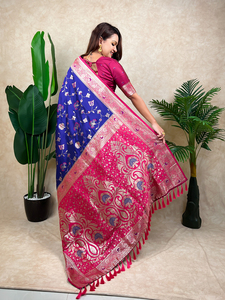 Sari de Seda Banarasi Premium con Tejido Zari, Prenda Étnica Festiva en Verde Loro, Rosa, Verde Pistacho, Morado y Violeta con Blusa sin Coser - Product Image 6