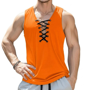 Camiseta sin mangas de streetwear para hombre al por mayor OEM, con logo personalizado, cuello en V con cordones frontales, top casual de verano, camisetas sin mangas a granel para hombre - Product Image 4