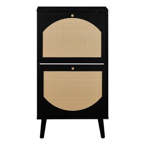 Scarpiera Nera con Superficie in Rattan, 2 Contenitori Ribaltabili, Design ad Arco con Gambe Alte, 54x24x98cm, Struttura in Truciolato, Rattan Sintetico - Product Image 4